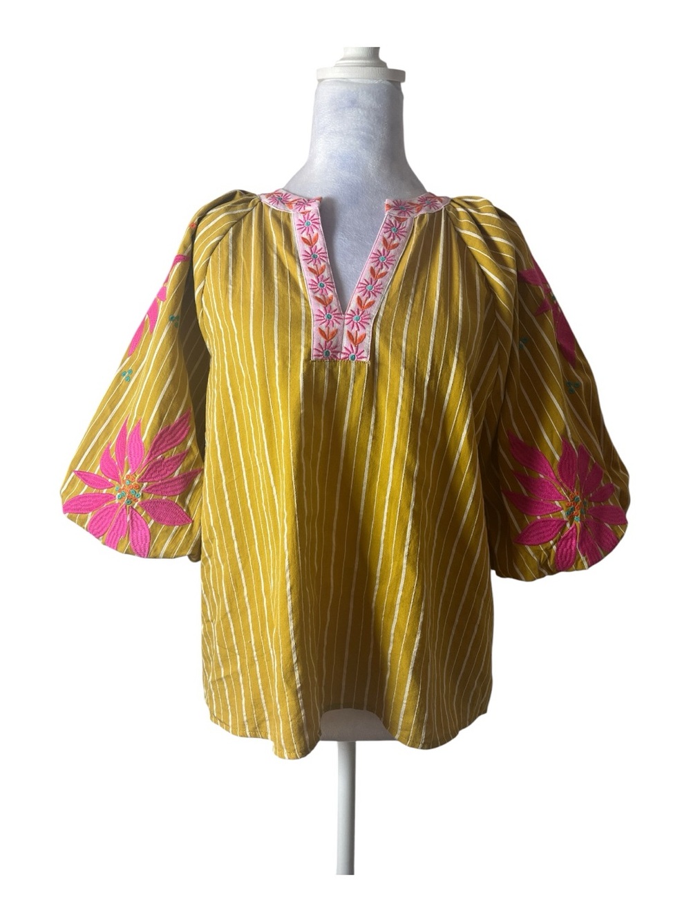 THML Yellow Striped Peasant Top with Pink Floral Embroidery Sz M